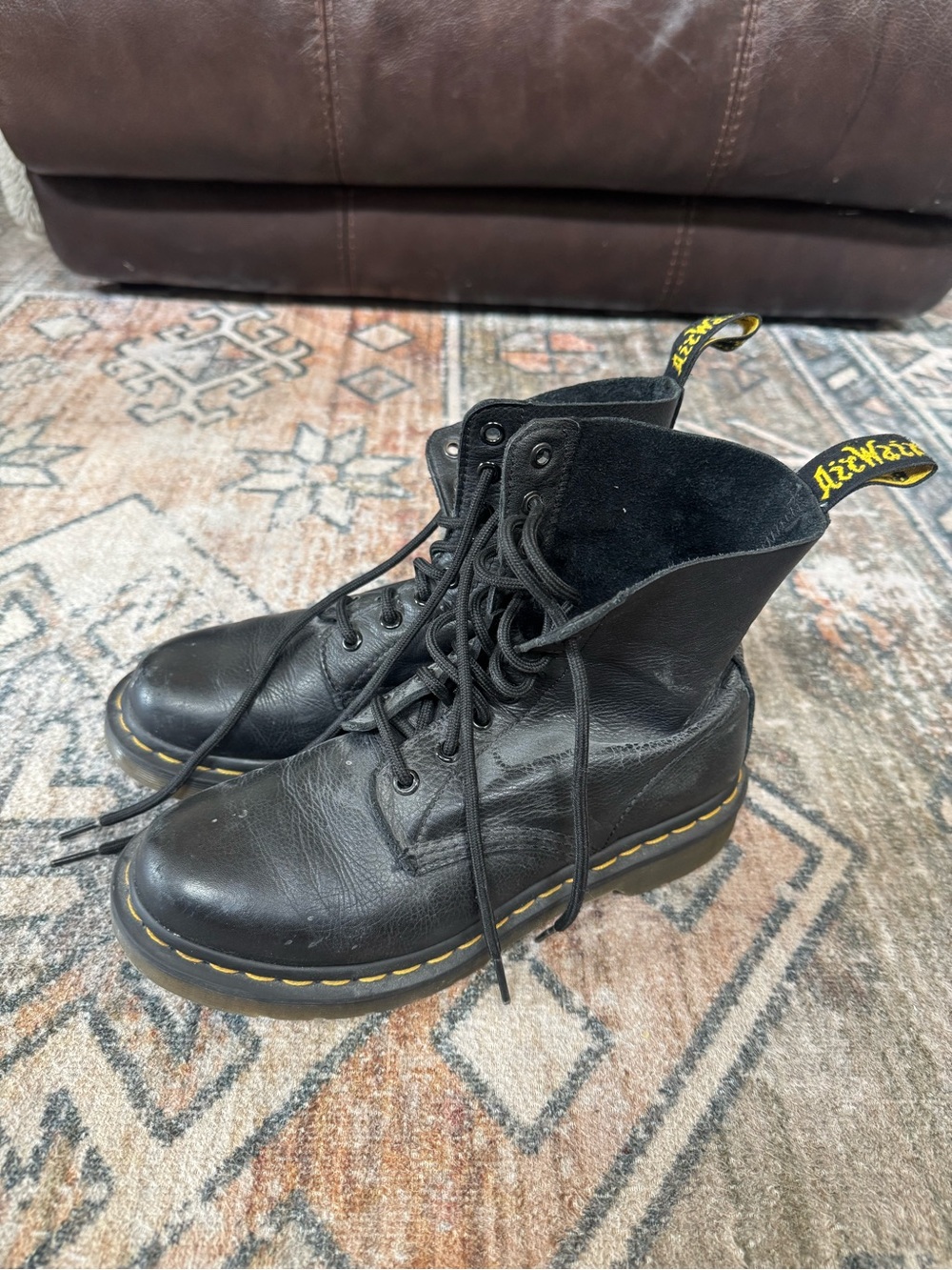 Dr. Martens Black Leather 8-Eye Lace-Up Boots with Yellow Stitching EU 38